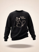no fart no love bulldog cat design black crewneck sweatshirt female model product shot