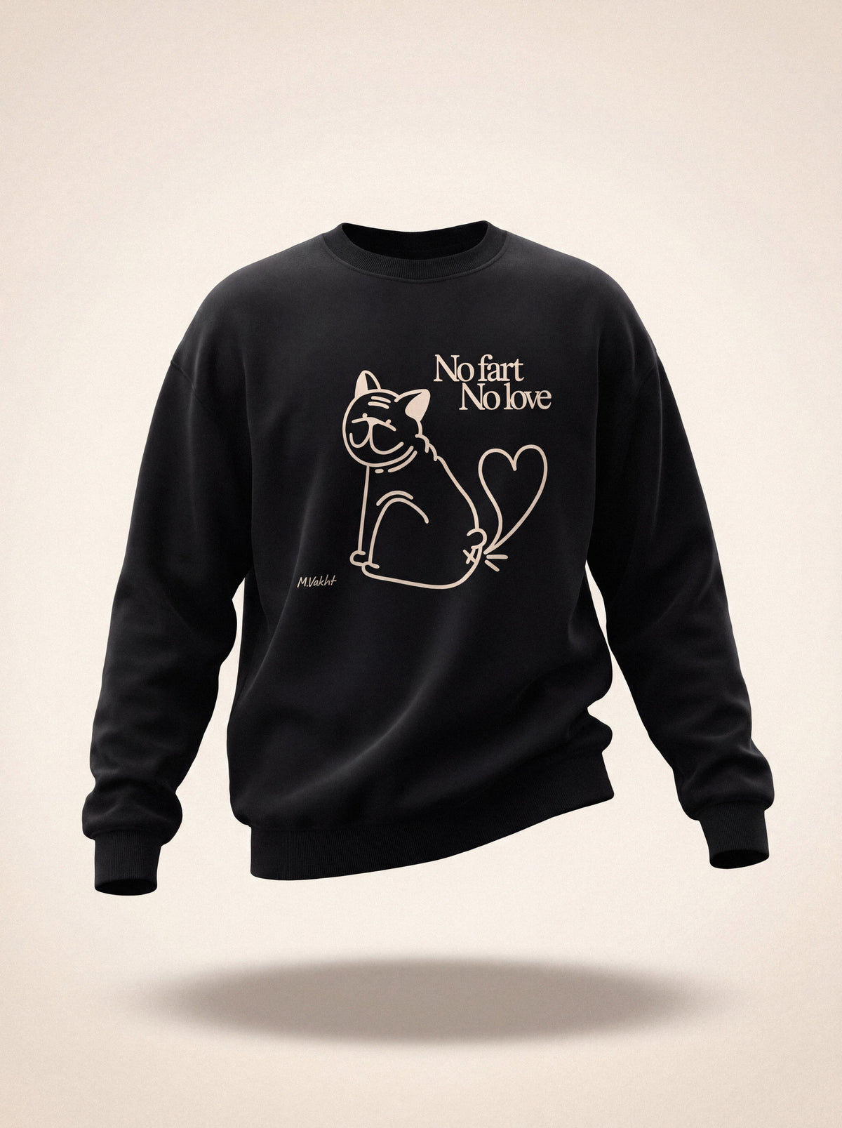 no fart no love bulldog cat design black crewneck sweatshirt female model product shot