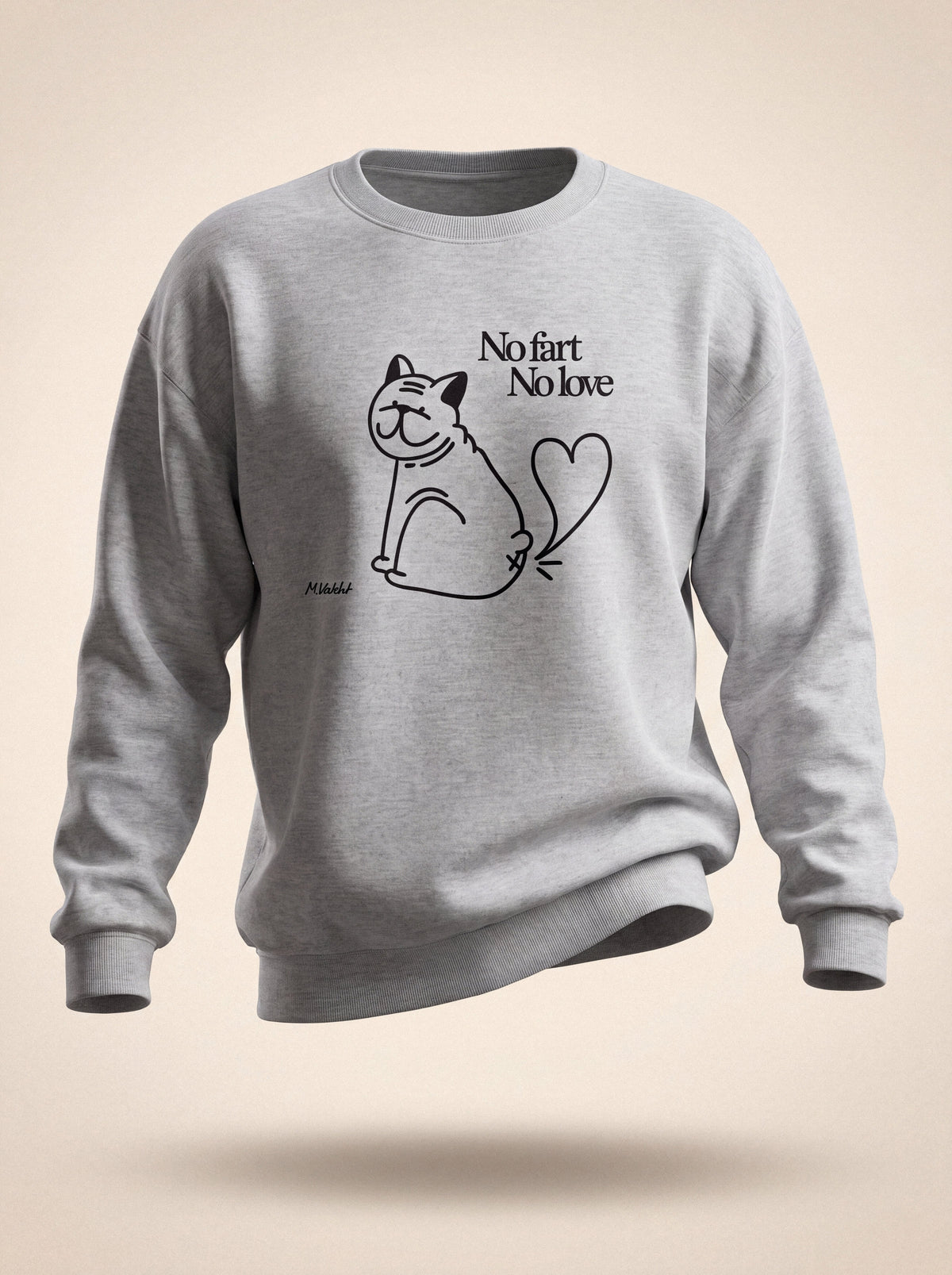 no fart no love bulldog cat design heather grey crewneck sweatshirt female model product shot