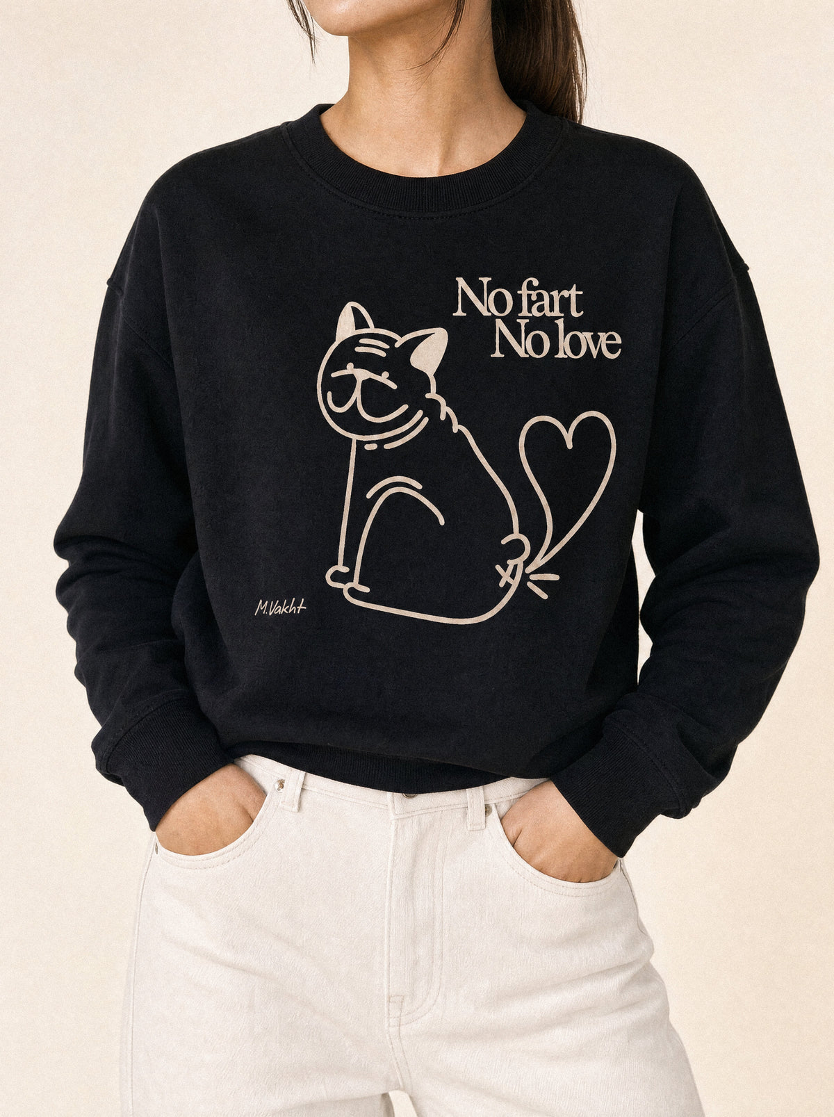 artist collection no fart no love bulldog cat design black crewneck sweatshirt female model editorial
