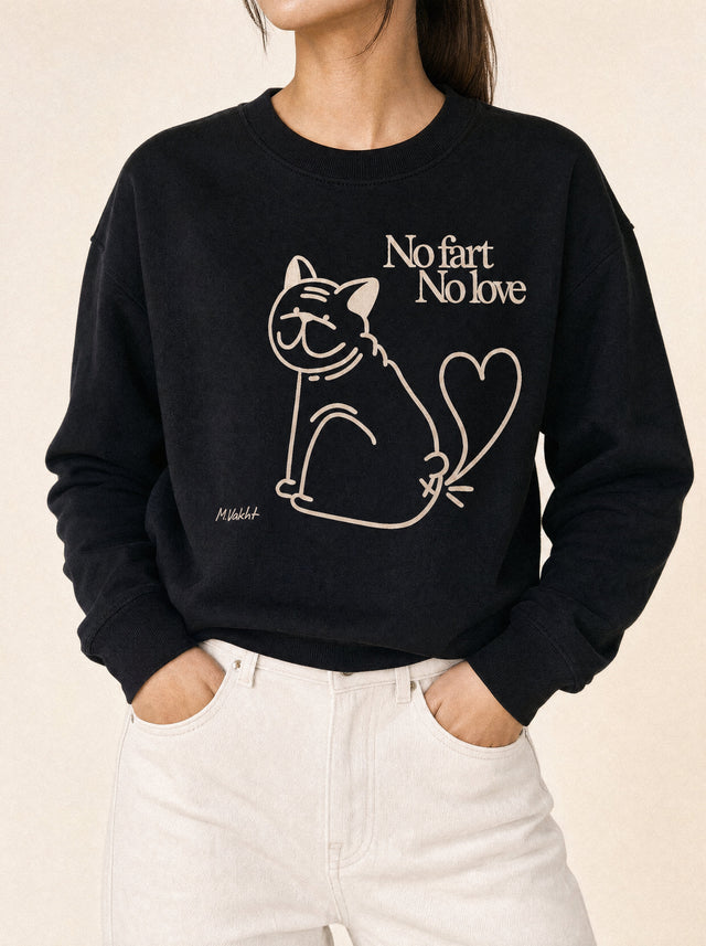 artist collection no fart no love bulldog cat design black crewneck sweatshirt female model editorial