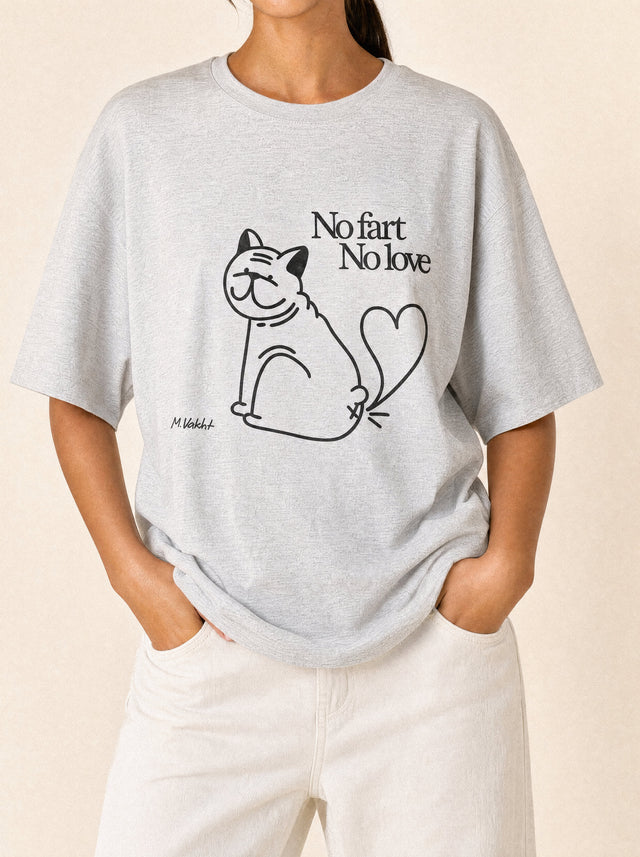 artist collection no fart no love bulldog cat design heather grey t shirt female model editorial