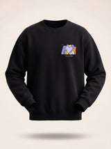 powered by dogs full color design black crewneck sweatshirt male model product shot