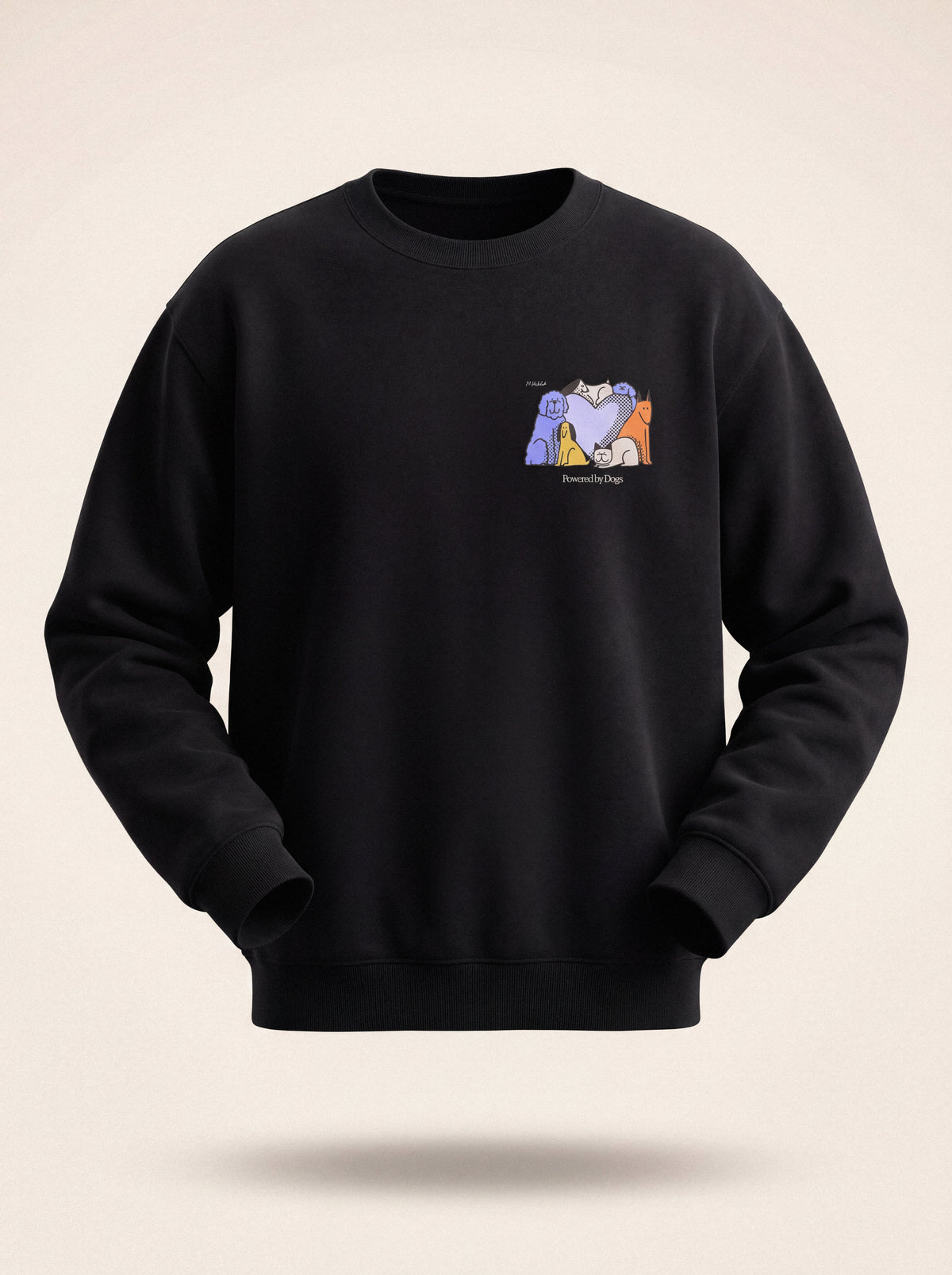 powered by dogs full color design black crewneck sweatshirt male model product shot
