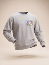 powered by dogs full color design heather grey crewneck sweatshirt male model product shot