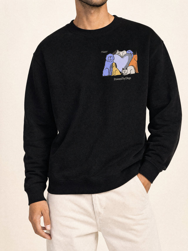artist collection powered by dogs full color design black crewneck sweatshirt male model editorial