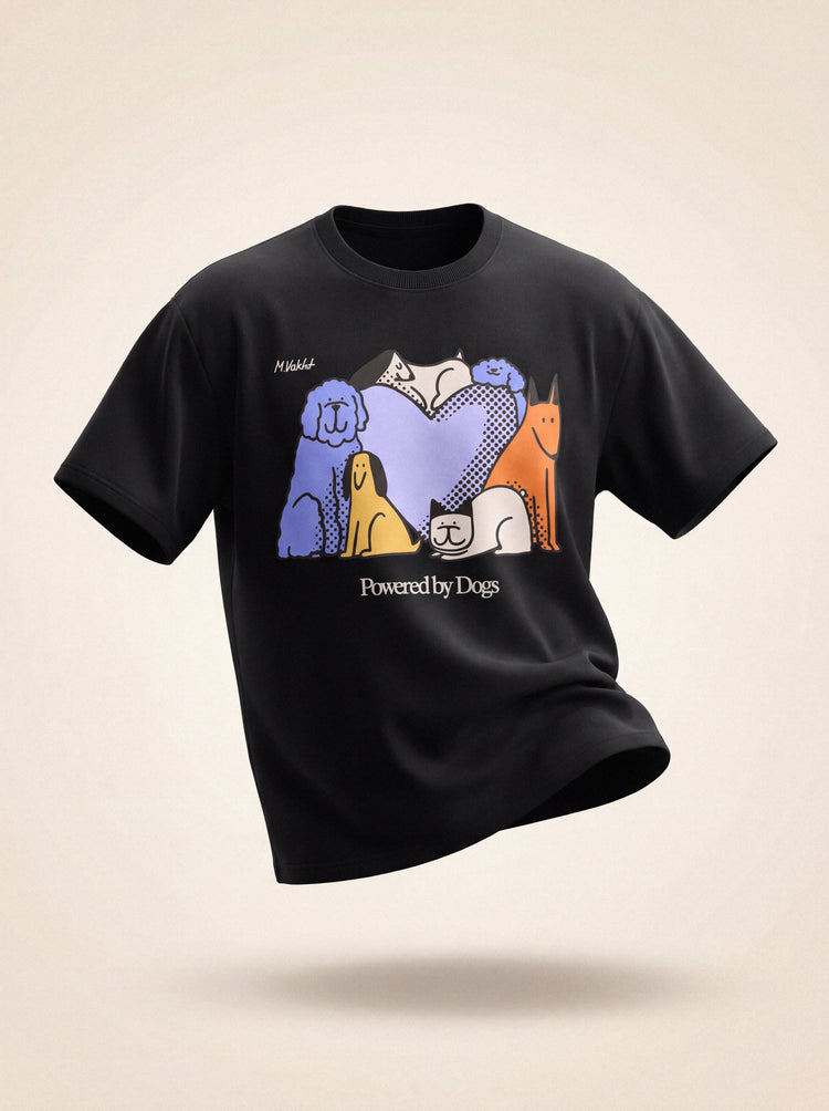 powered by dogs full color design black t shirt male model product shot
