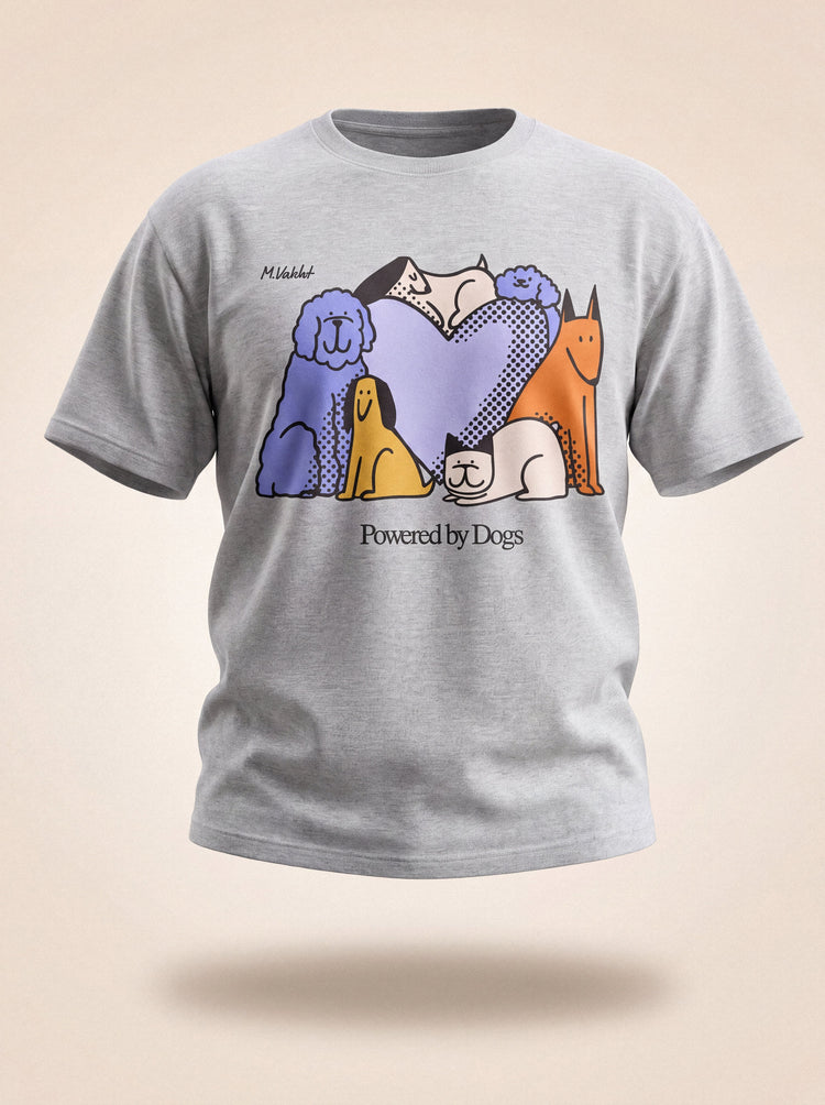 powered by dogs full color design heather grey t shirt male model product shot