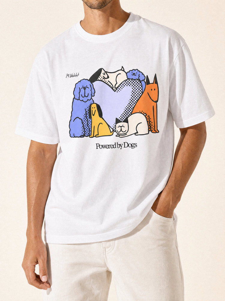 artist collection powered by dogs full color design pure white t shirt male model editorial dynamic