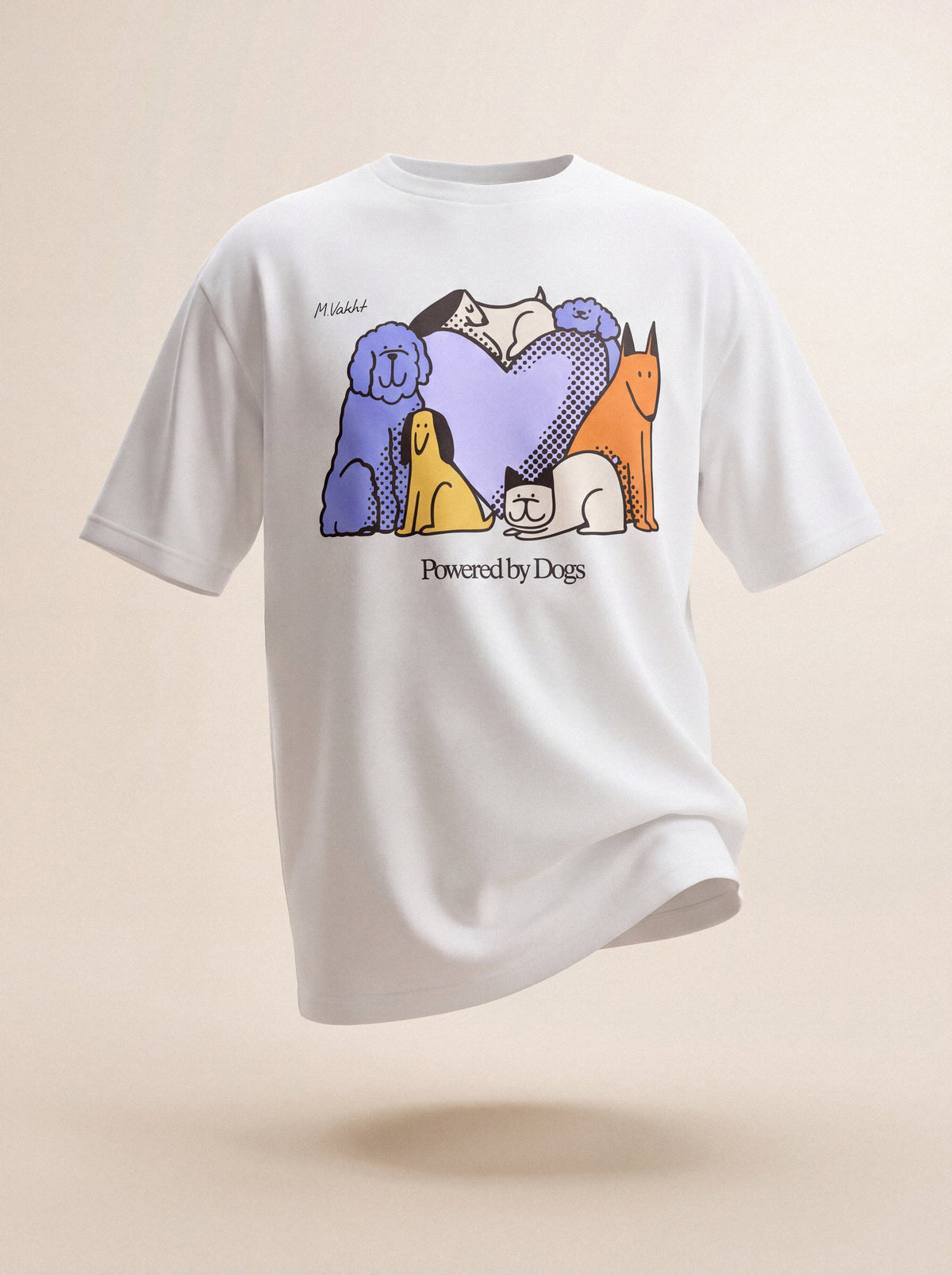 powered by dogs full color design pure white t shirt male model product shot