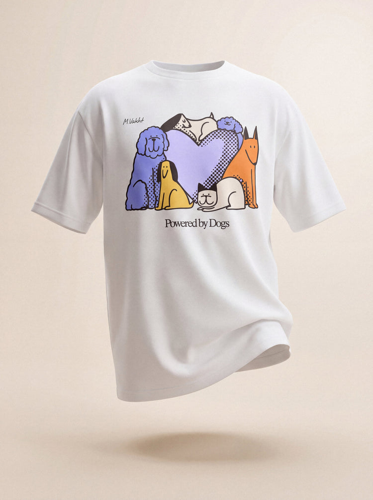 powered by dogs full color design pure white t shirt male model product shot