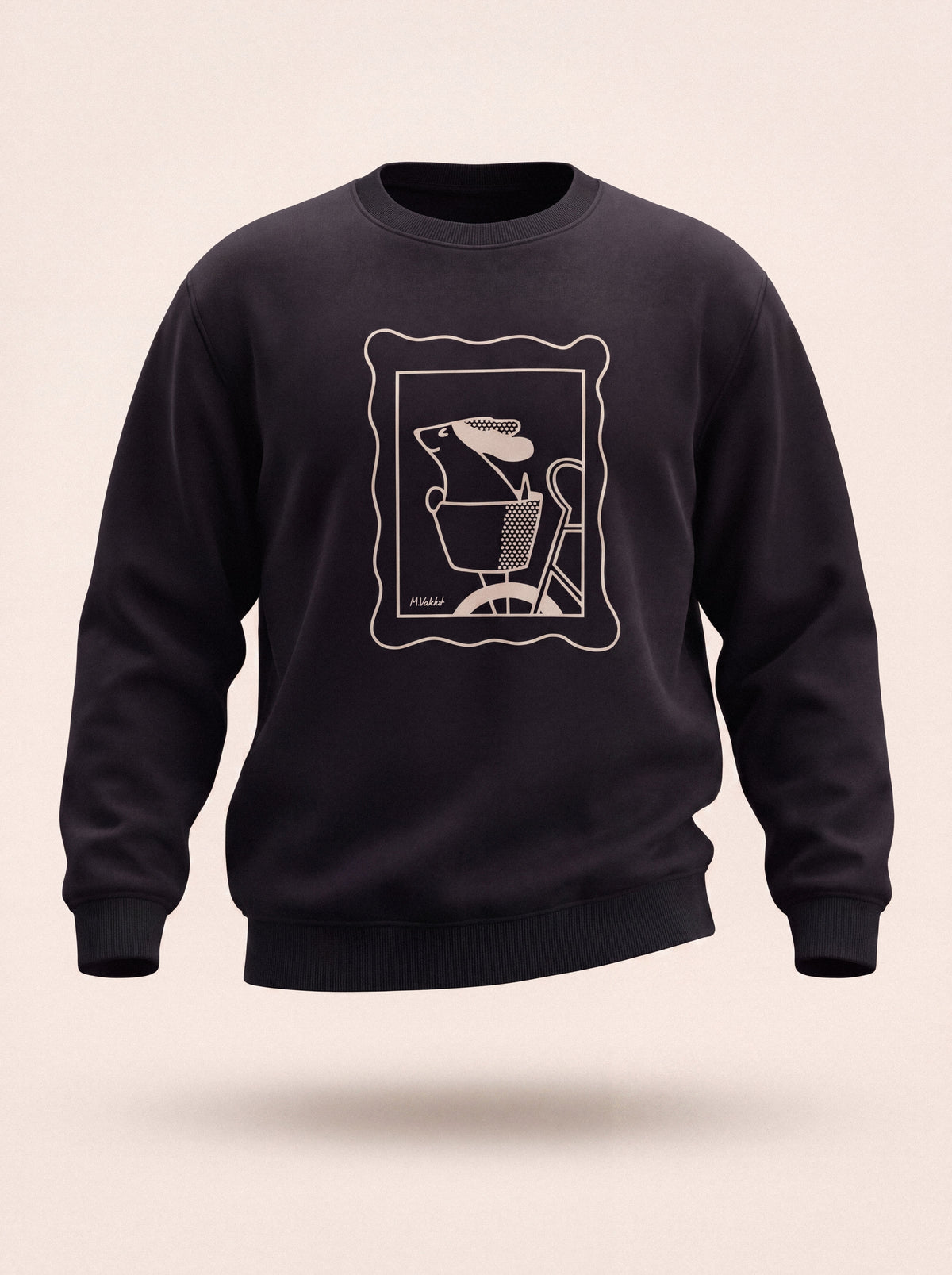sunday ride basket dog design black crewneck sweatshirt male model product shot