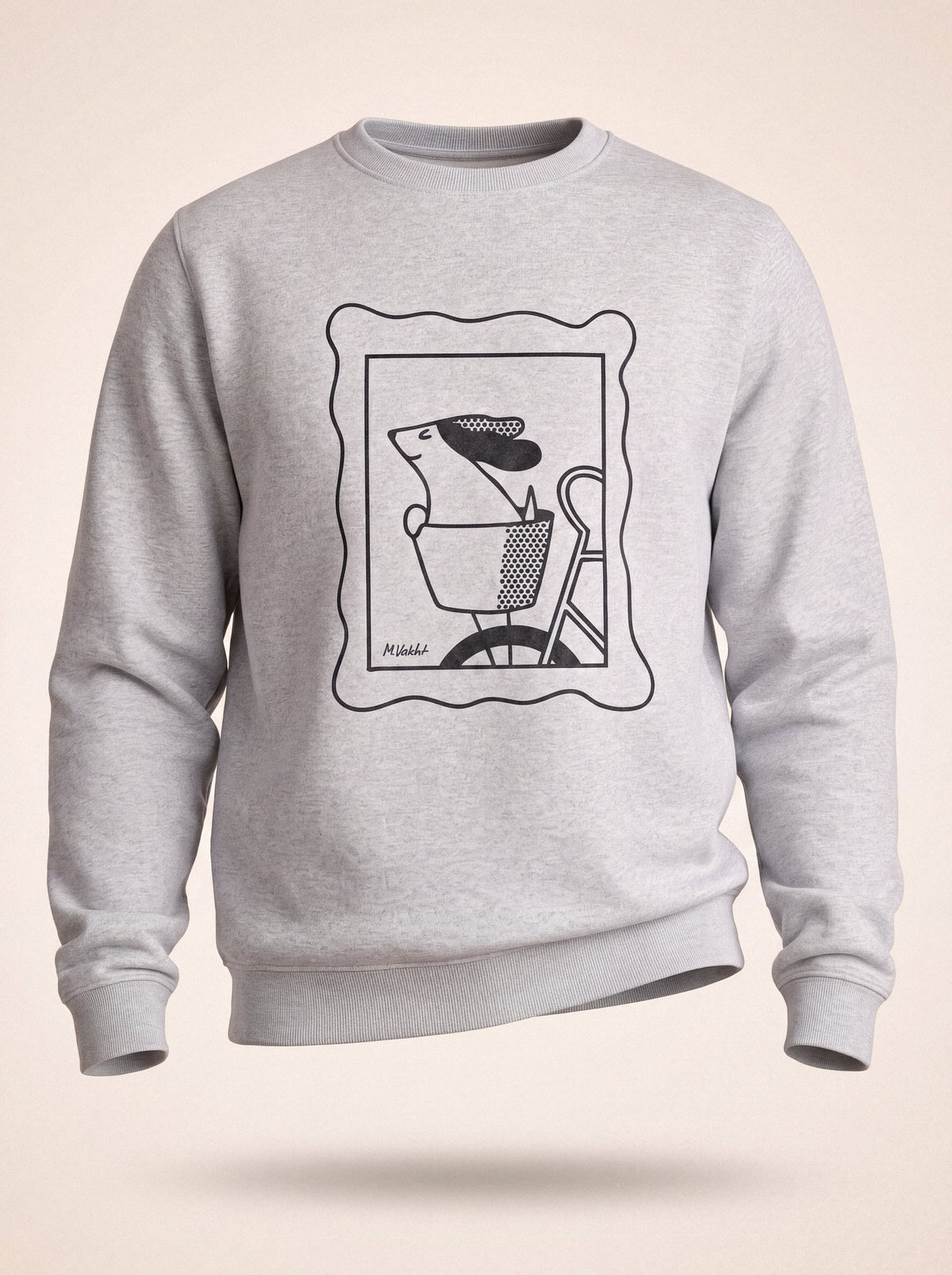 sunday ride basket dog design heather grey crewneck sweatshirt male model product shot