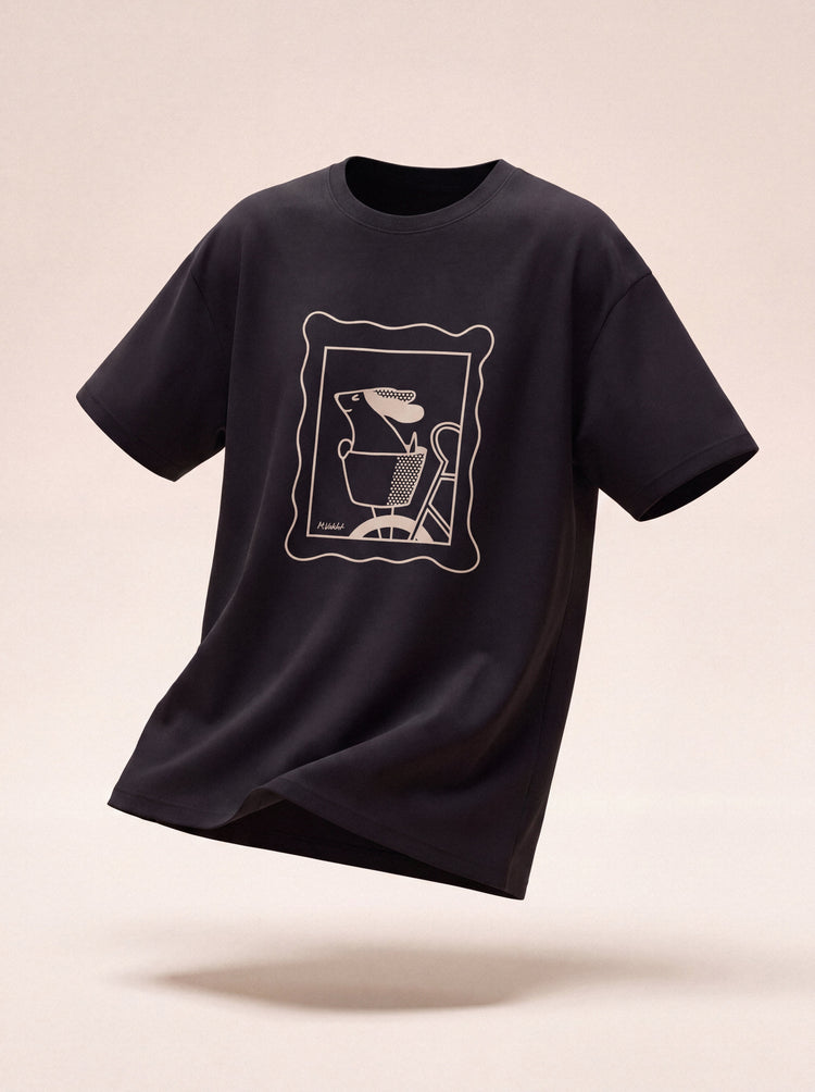 sunday ride basket dog design black t shirt male model product shot