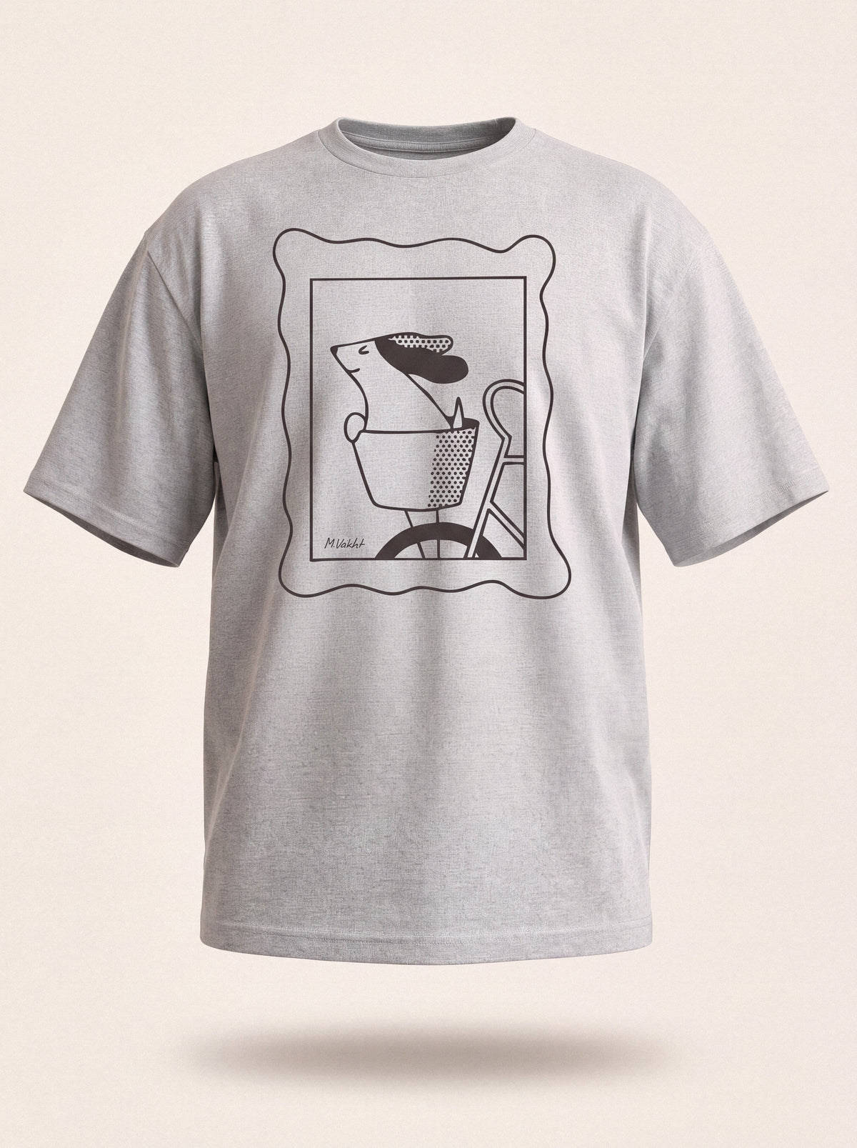 sunday ride basket dog design heather grey t shirt male model product shot