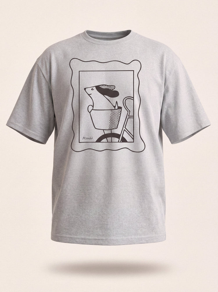 sunday ride basket dog design heather grey t shirt male model product shot