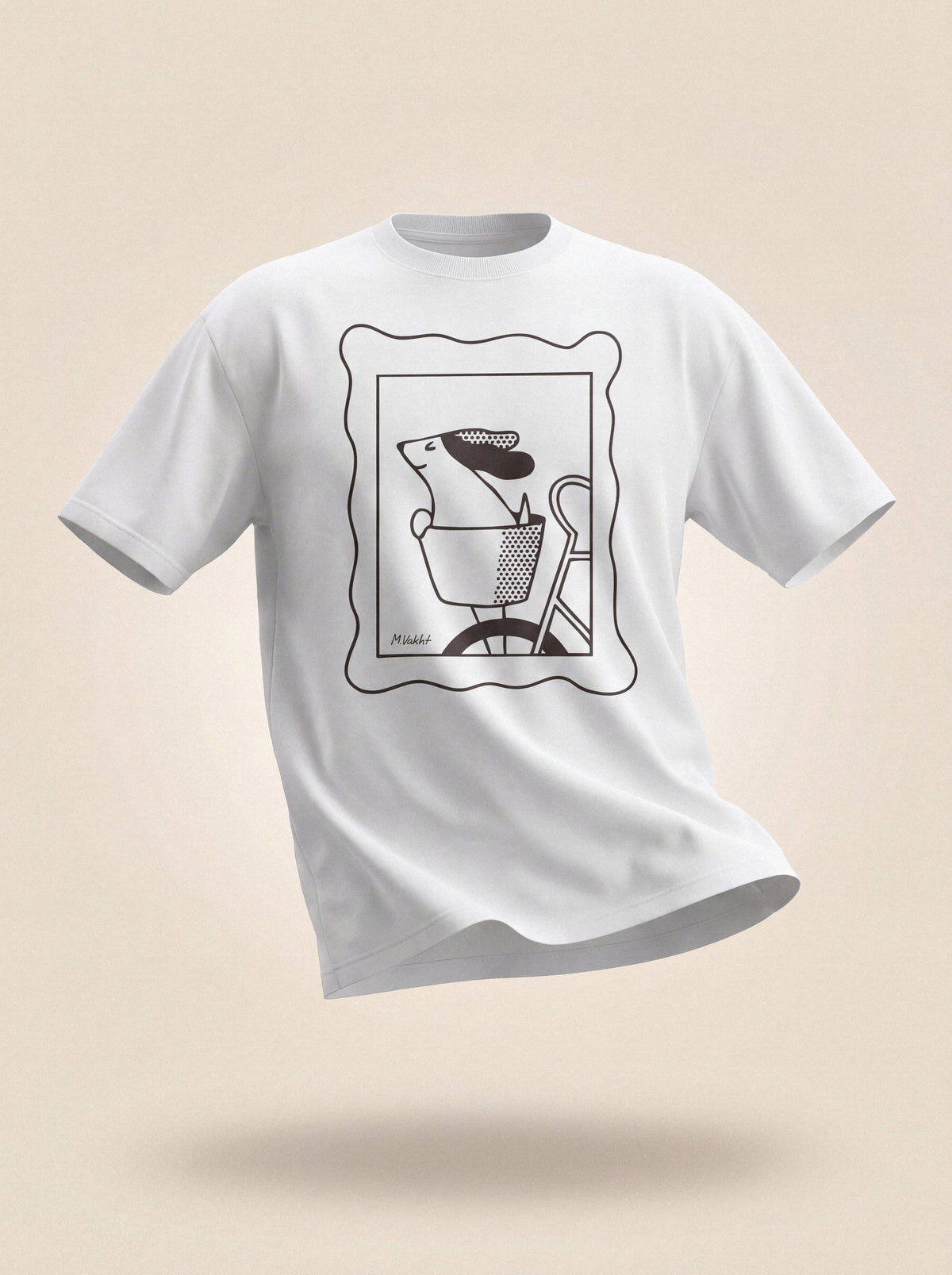 sunday ride basket dog design pure white t shirt male model product shot
