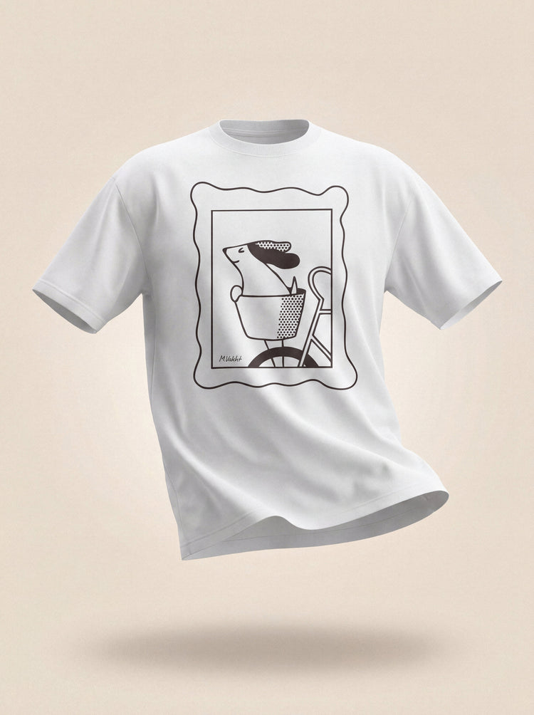 sunday ride basket dog design pure white t shirt male model product shot
