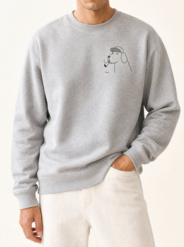 artist collection the professor dog flat cap design heather grey crewneck sweatshirt male model editorial