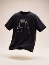 the professor dog flat cap design black t shirt male model product shot