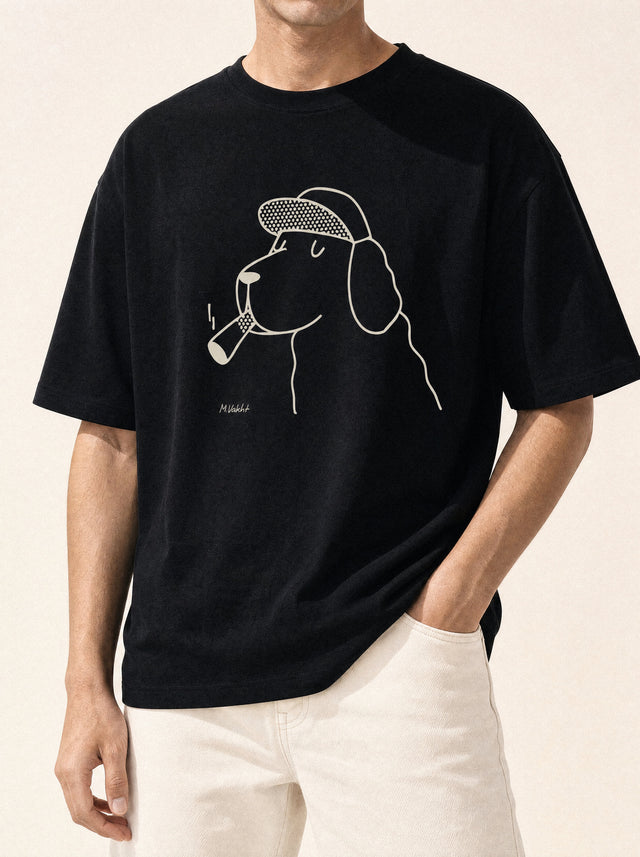 artist collection the professor dog flat cap design black t shirt male model editorial portrait