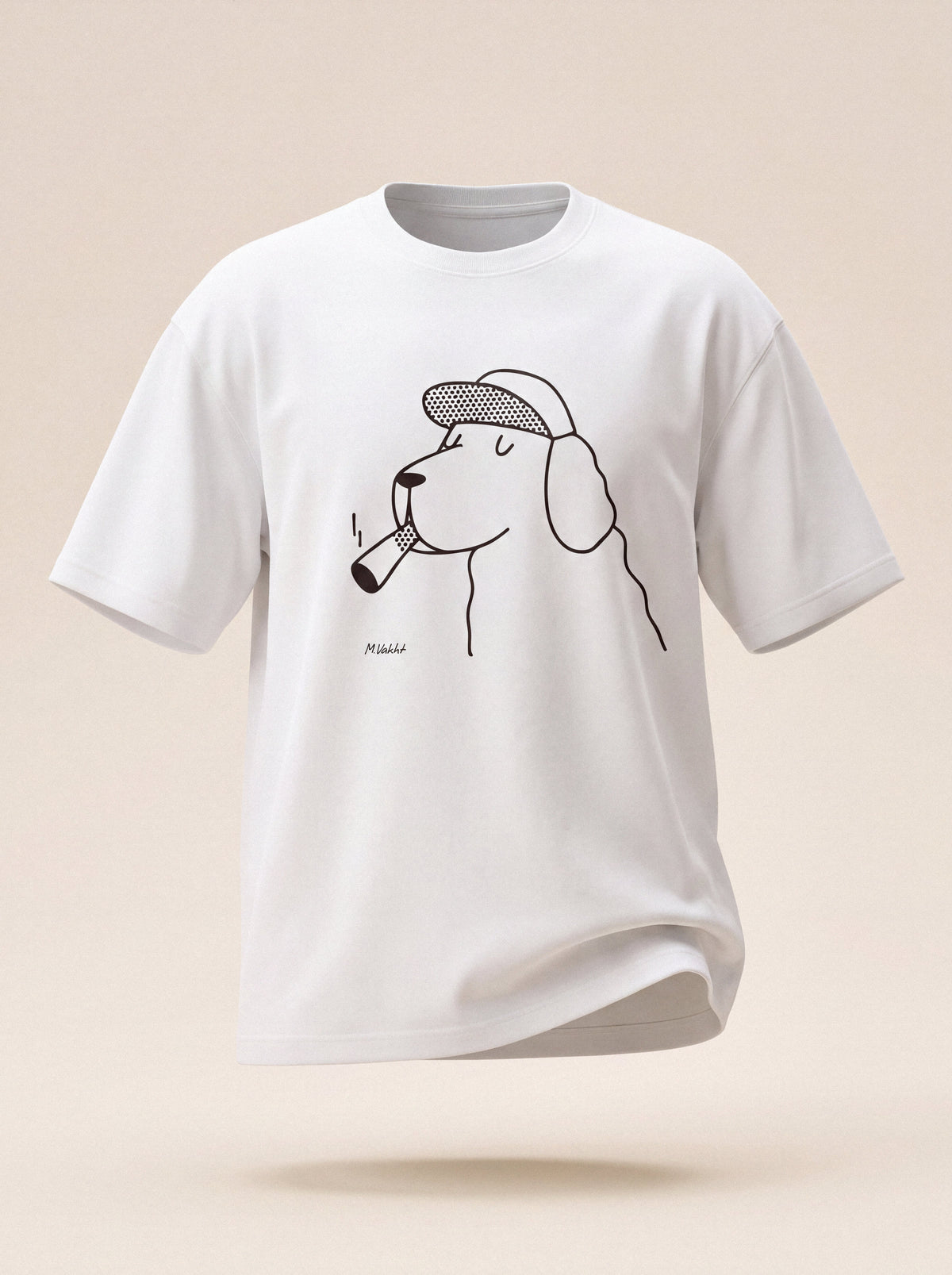 the professor dog flat cap design pure white t shirt male model product shot