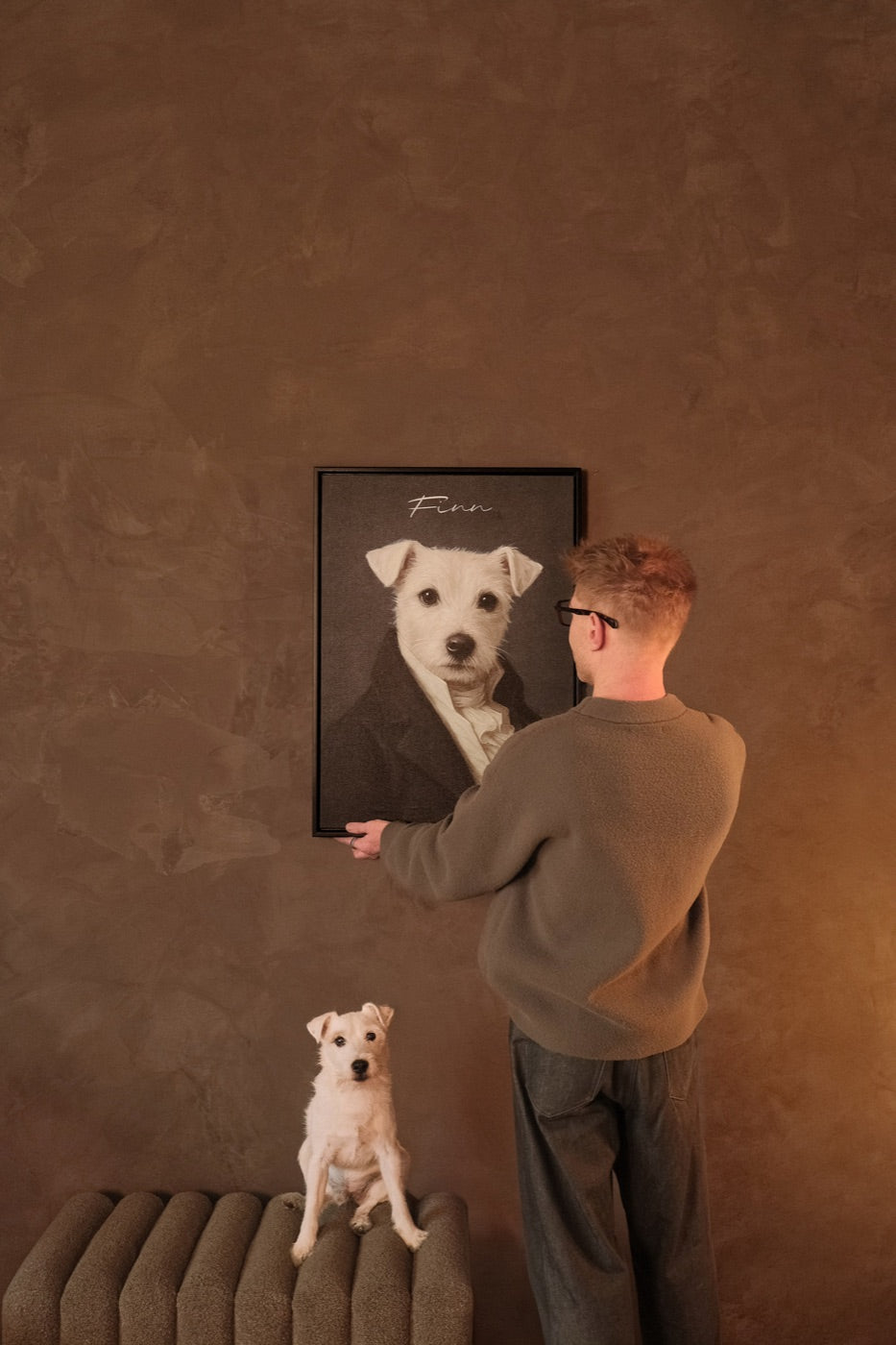 Jack Russell portrait being hung at home